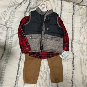 Holiday 3 pc - Puffer Vest, Joggers, Plaid button down NWT -2T